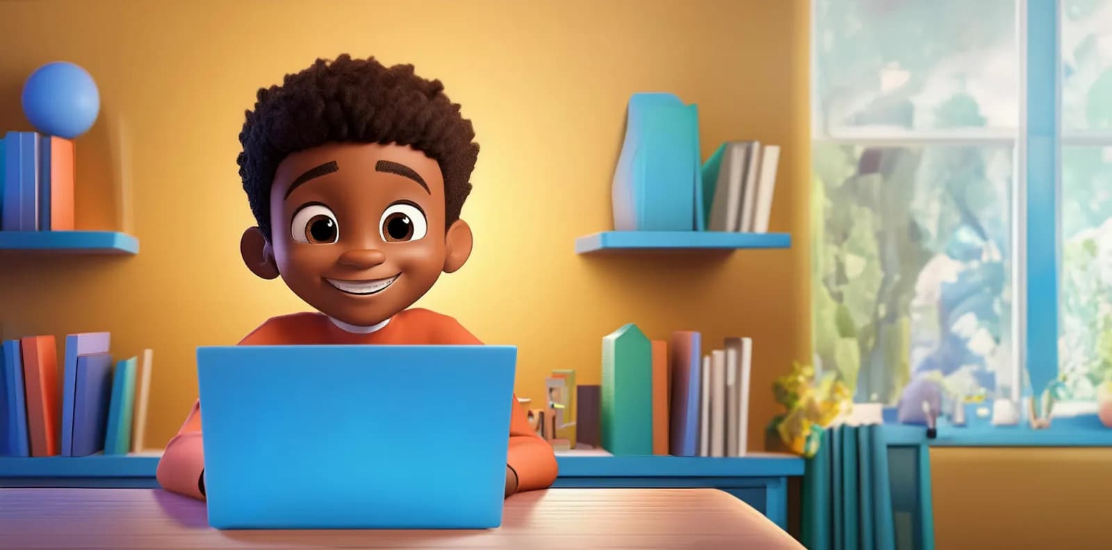 Illustration of a smiling student learning on a laptop at home